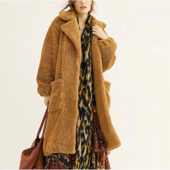 Free People Jackets & Blazers - Free People Tessa Long Teddy Women's Coat Oversized Tan Small